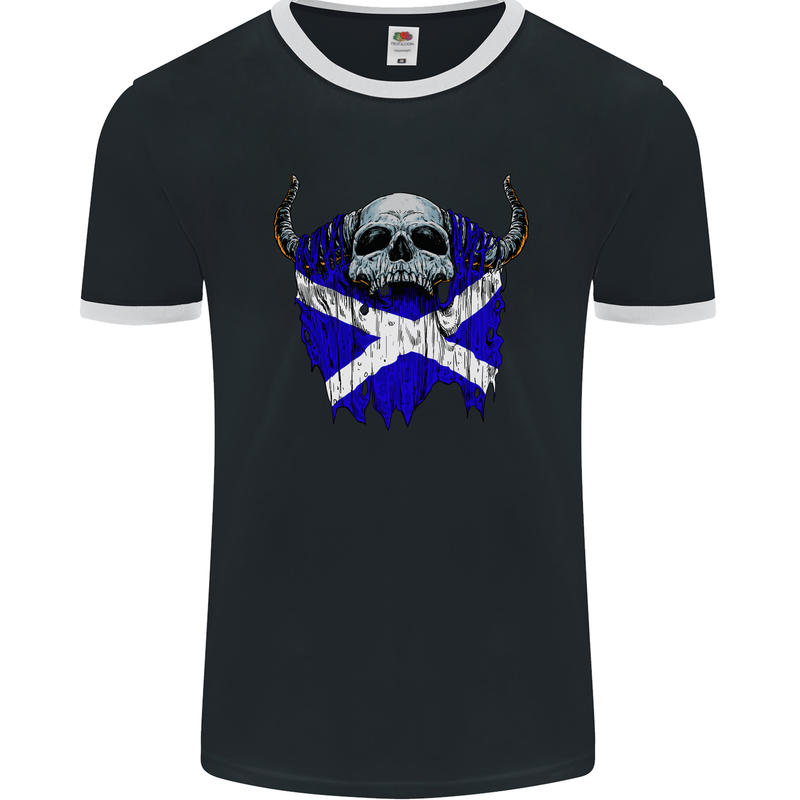 Scotland Flag Skull Scottish Biker Gothic Mens Ringer T-Shirt FotL Black/White