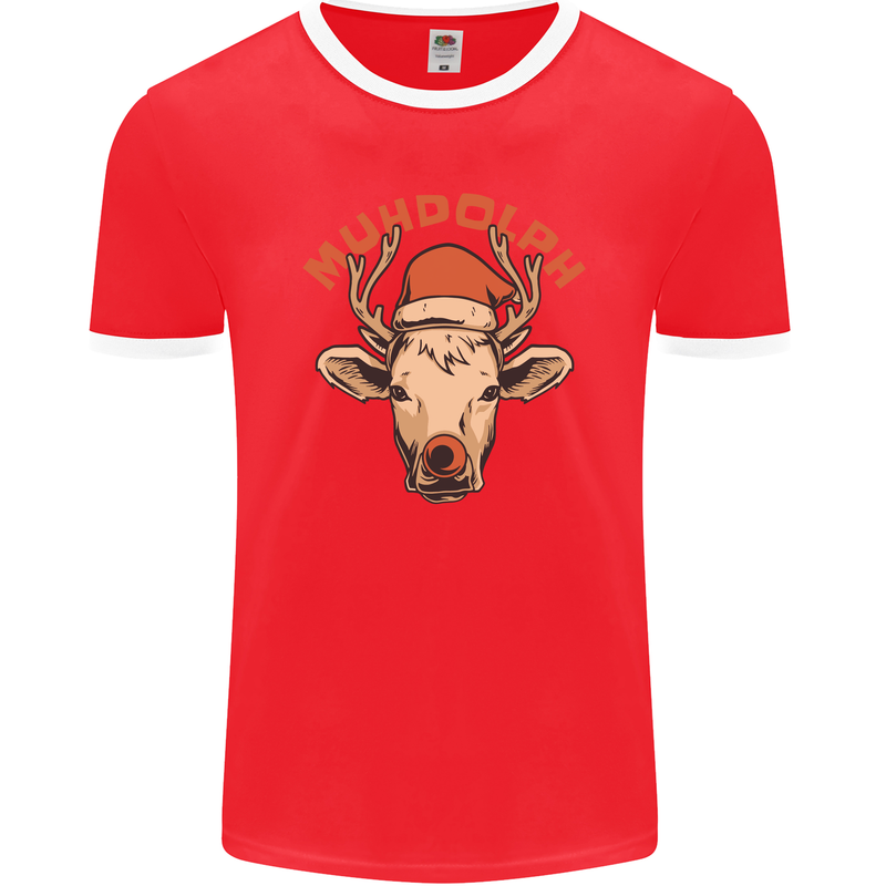 Muhdolf Funny Rudolf Christmas Cow Mens Ringer T-Shirt FotL Red/White