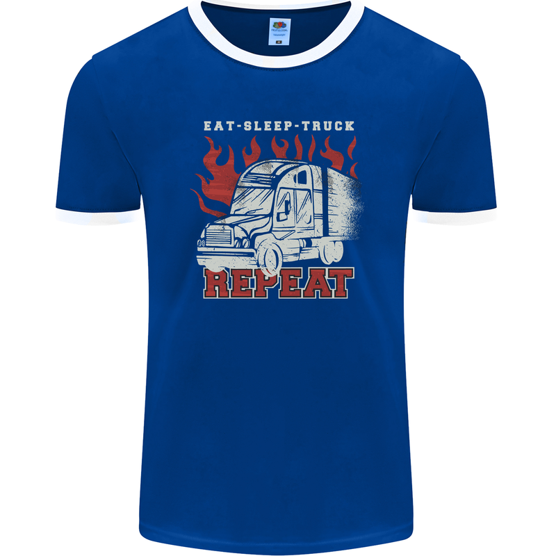 Lorry Driver Eat Sleep Truck Trucker Mens Ringer T-Shirt FotL Royal Blue/White