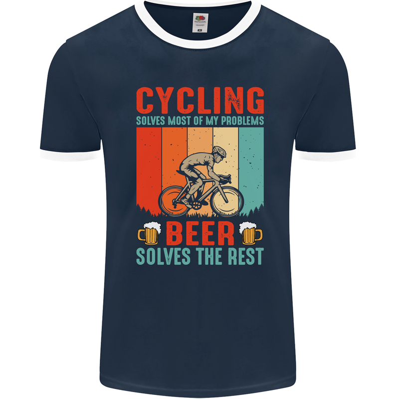 Cycling Funny Beer Cyclist Bicycle MTB Bike Mens Ringer T-Shirt FotL Navy Blue/White