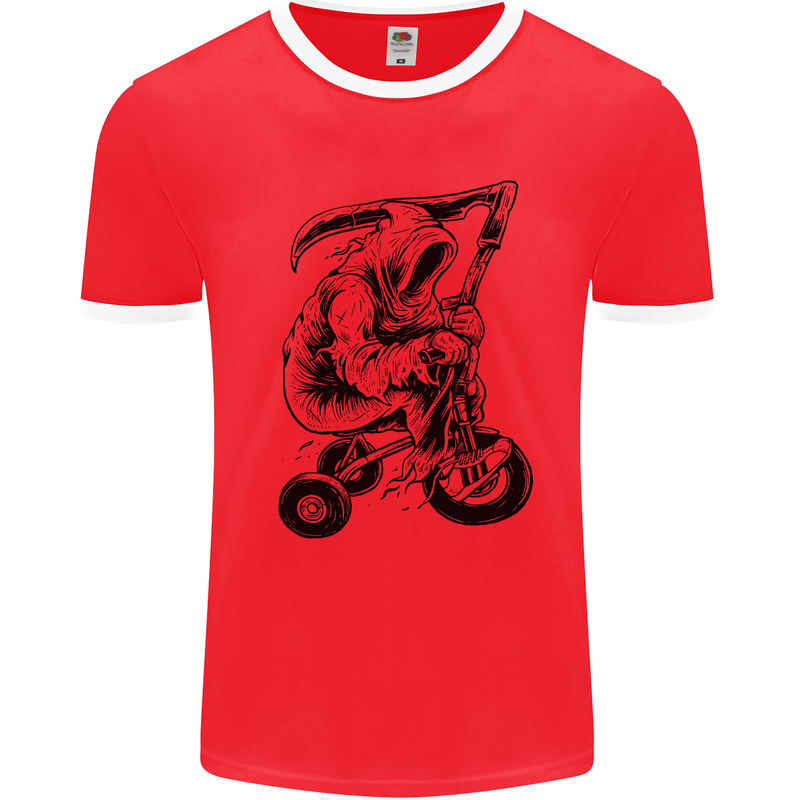 Grim Reaper Trike Bicycle Cycling Gothic Mens White Ringer T-Shirt Red/White