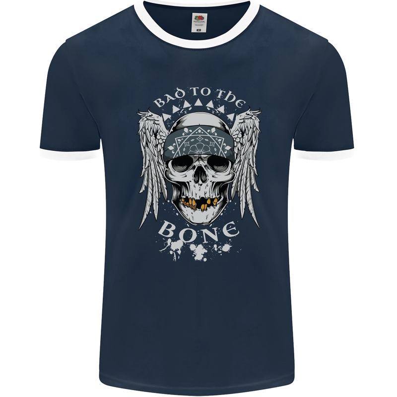 Bad 2 the Bone Biker Skull Angel Motorcycle Mens Ringer T-Shirt FotL Navy Blue/White