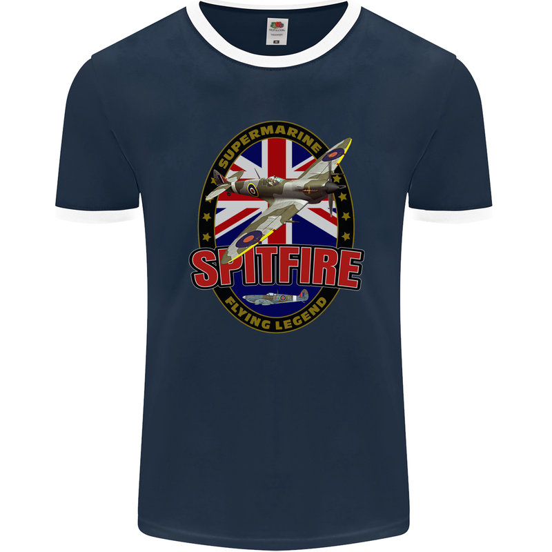 Supermarine Spitfire Flying Legend Mens Ringer T-Shirt FotL Navy Blue/White