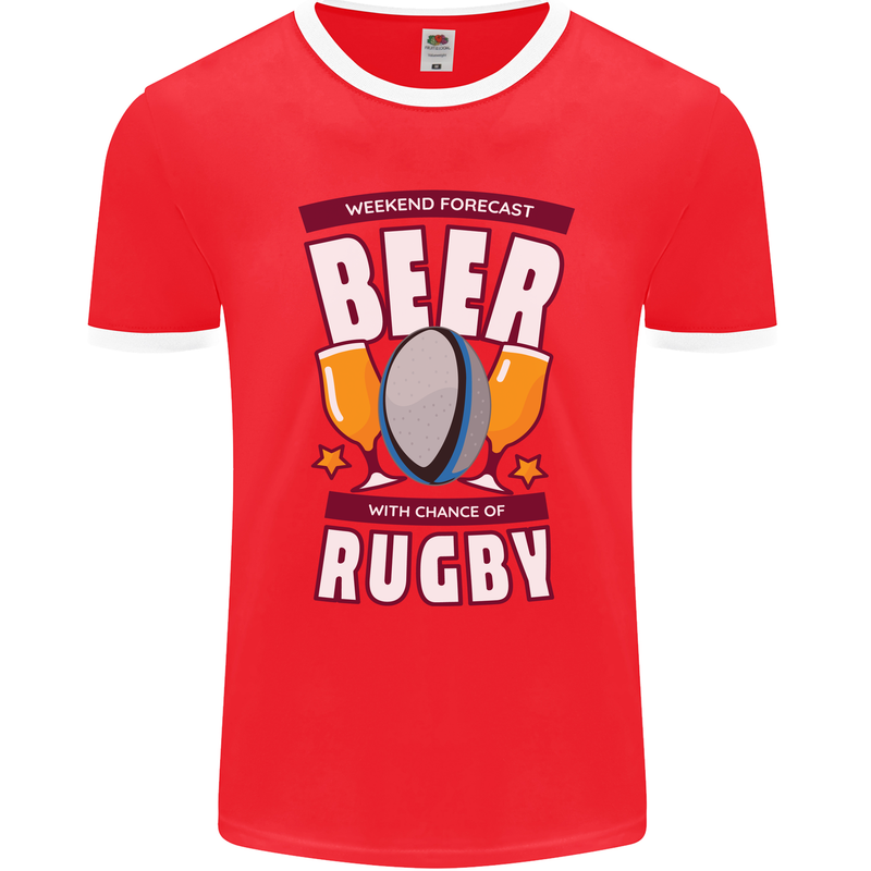 Weekend Forecast Beer Alcohol Rugby Funny Mens Ringer T-Shirt FotL Red/White