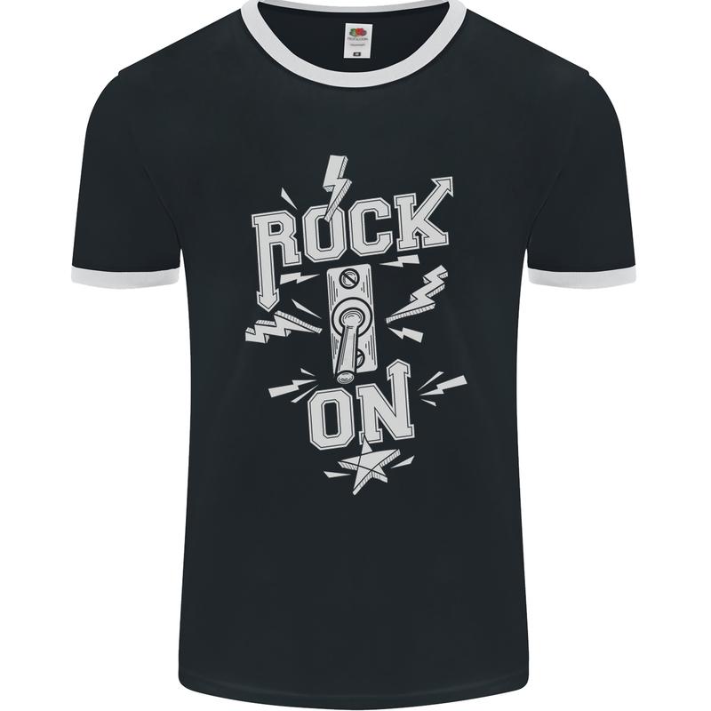 Rock On Funny Music Heavy Metal Guitar Mens Ringer T-Shirt FotL Black/White