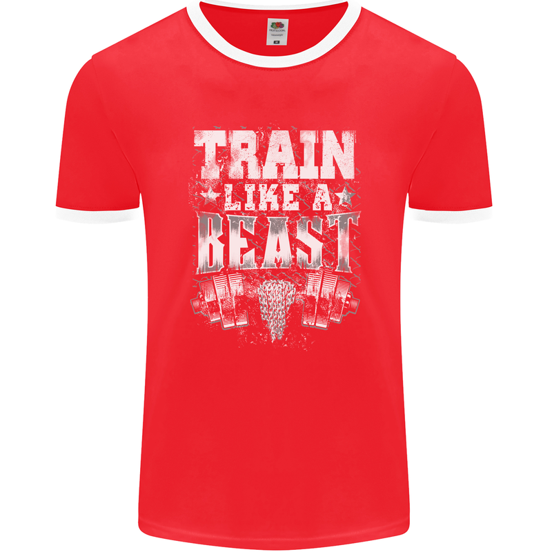 Train Like a Beast Gym Training Top Mens Ringer T-Shirt FotL Red/White