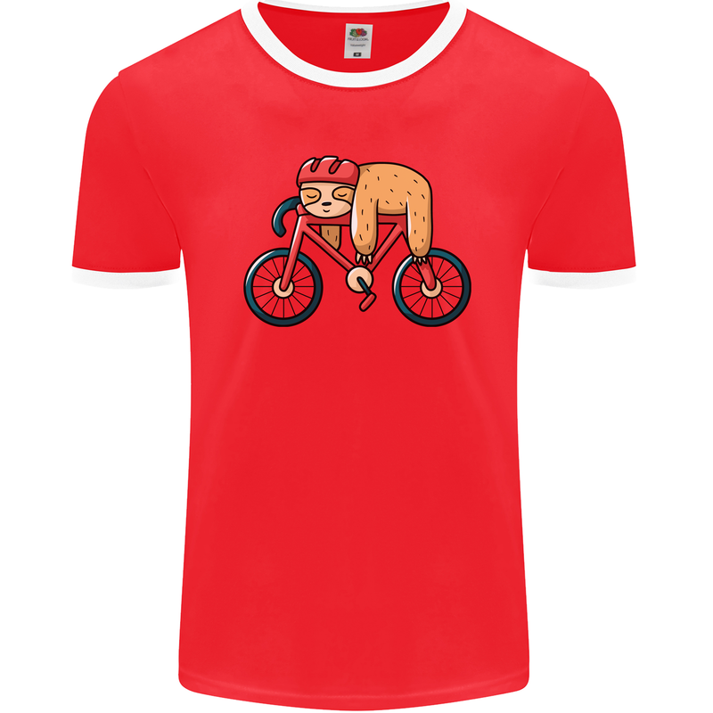 Cycling Sleeping Sloth Bicycle Cyclist Mens Ringer T-Shirt FotL Red/White