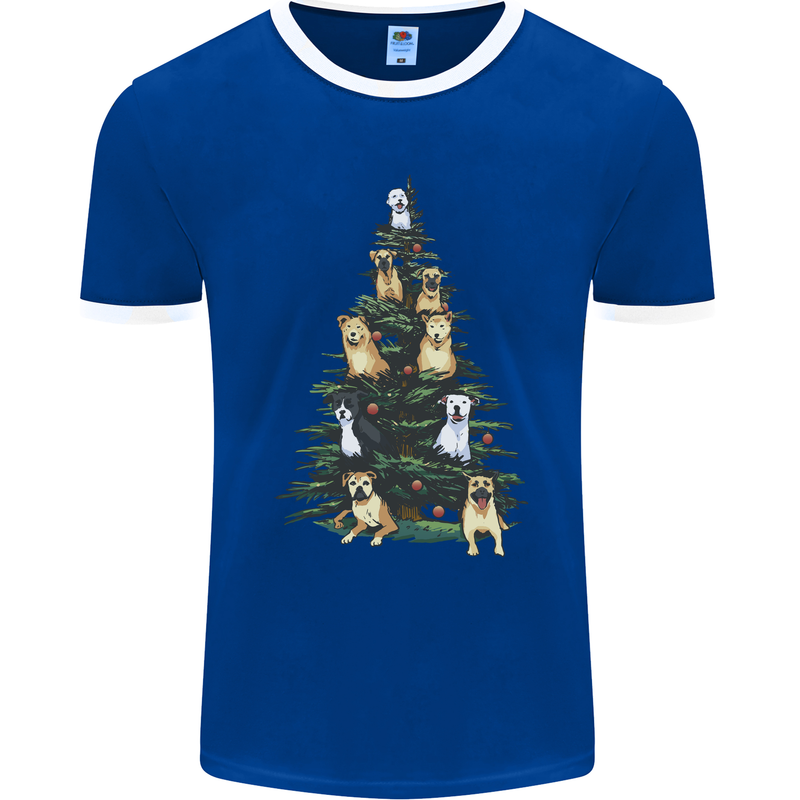 Funny Dog Christmas Tree Mens Ringer T-Shirt FotL Royal Blue/White