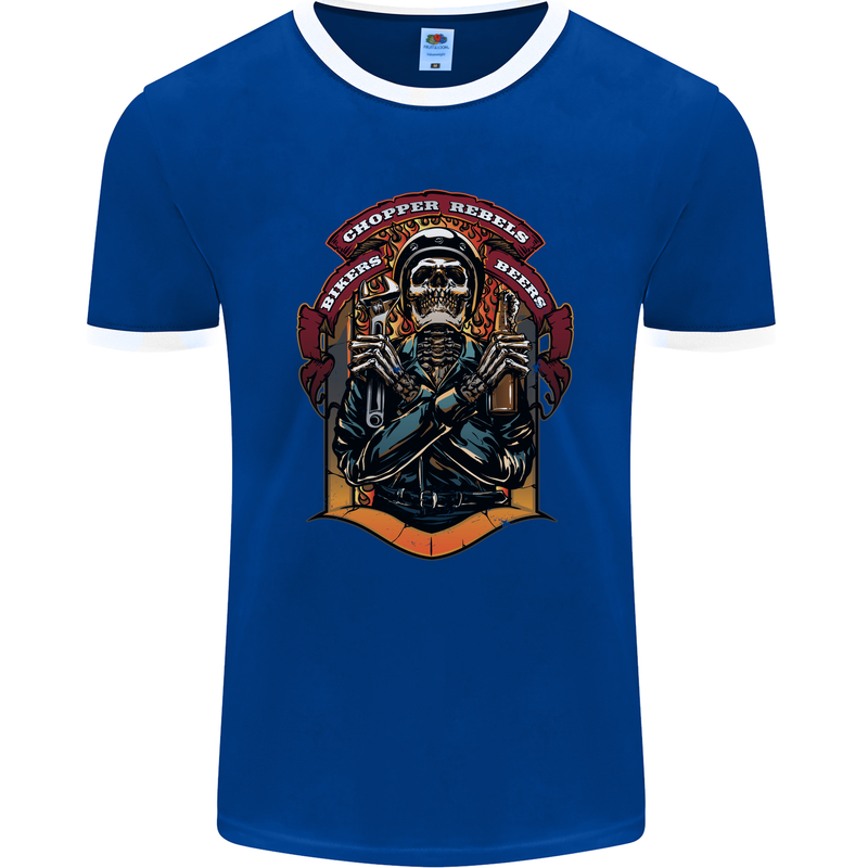 Motorbike Chopper Rebels Bikers Beers Mens Ringer T-Shirt FotL Royal Blue/White