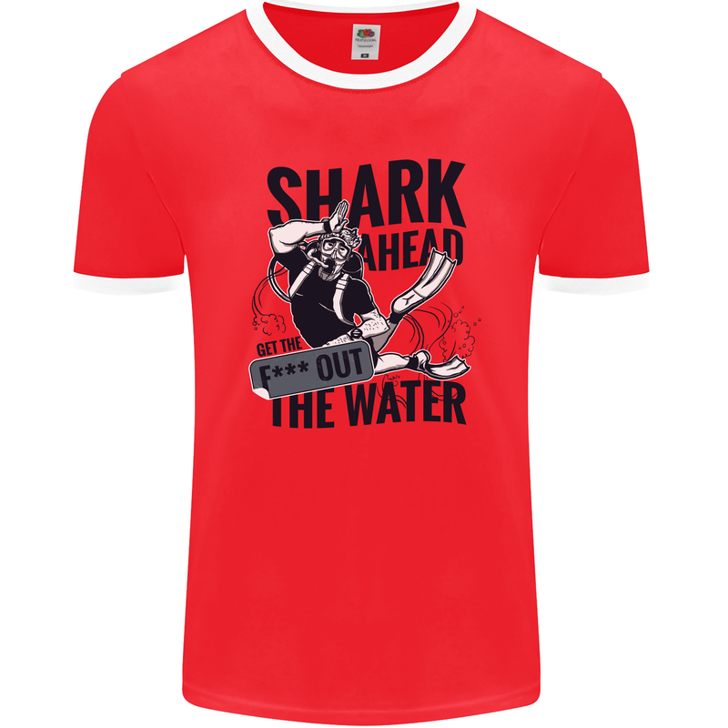 Shark Ahead Funny Scuba Diving Diver Mens Ringer T-Shirt FotL Red/White