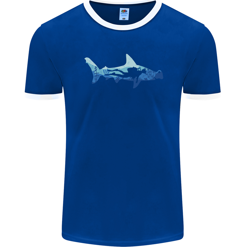 Hammerhead Shark Scuba Diver Diving Mens Ringer T-Shirt FotL Royal Blue/White