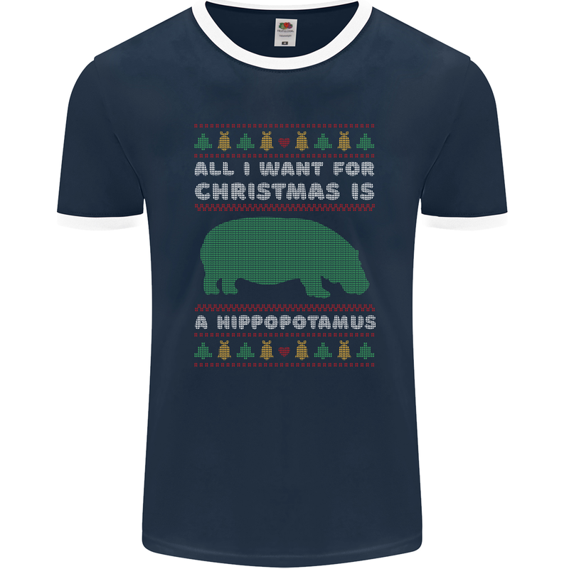 Hippopotamus Hippo Christmas Funny Mens Ringer T-Shirt FotL Navy Blue/White