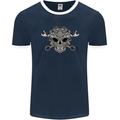 Engine Skull Mechanic Car Biker Motorbike Mens Ringer T-Shirt FotL Navy Blue/White