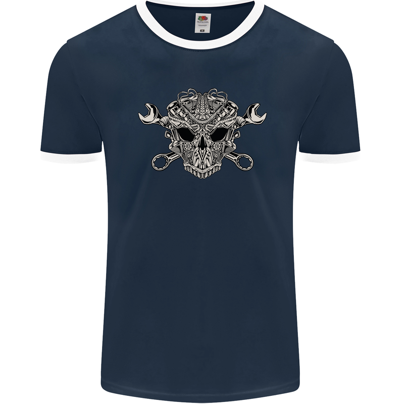 Engine Skull Mechanic Car Biker Motorbike Mens Ringer T-Shirt FotL Navy Blue/White