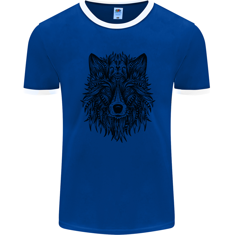 Mandala Tribal Wolf Tattoo Mens Ringer T-Shirt FotL Royal Blue/White