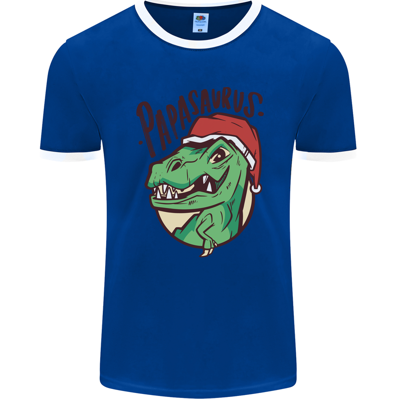 Christmas Papasaurus T-Rex Dinosaur Mens Ringer T-Shirt FotL Royal Blue/White