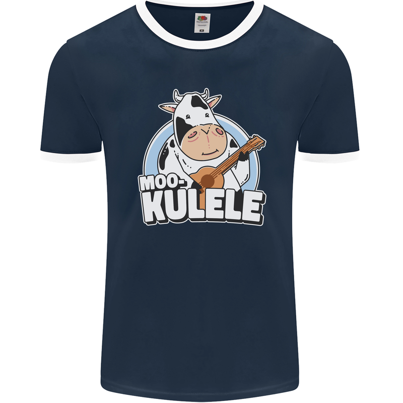 Mookulele Funny Cow Playing Ukulele Guitar Mens Ringer T-Shirt FotL Navy Blue/White