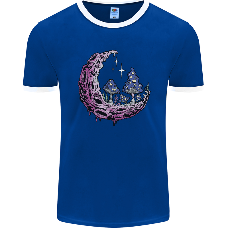 Trippy Magic Mushroom Moon LSD Psychedelic Mens Ringer T-Shirt FotL Royal Blue/White