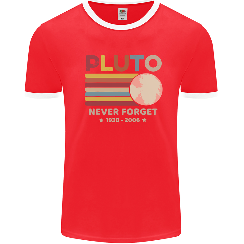 Pluto Never Forget Space Astronomy Planet Mens White Ringer T-Shirt Red/White