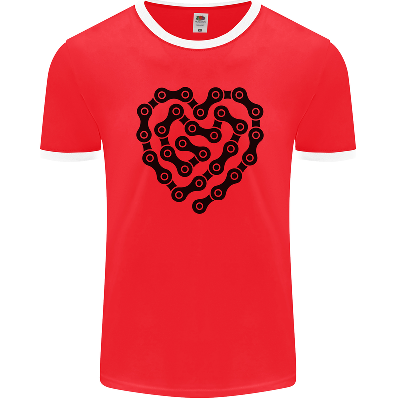 Heart Bike Chain Cycling Biker Motorbike Mens Ringer T-Shirt FotL Red/White