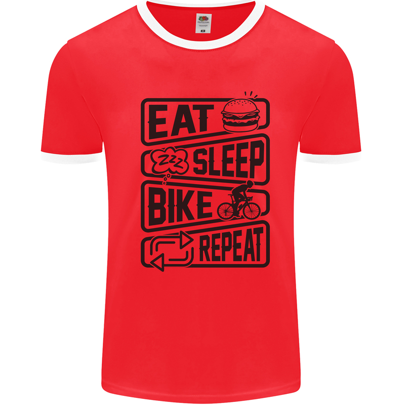 Cycling Eat Sleep Bike Repeat Funny Bicycle Mens White Ringer T-Shirt Red/White