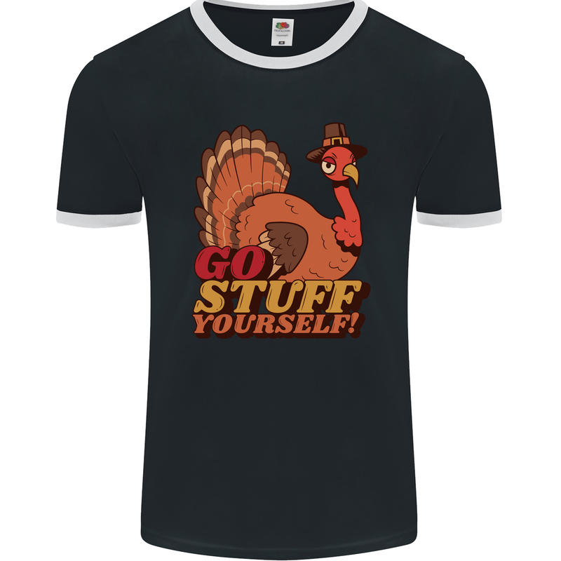 Stuff Yourself Funny Vegetarian Vegan Turkey Mens Ringer T-Shirt FotL Black/White