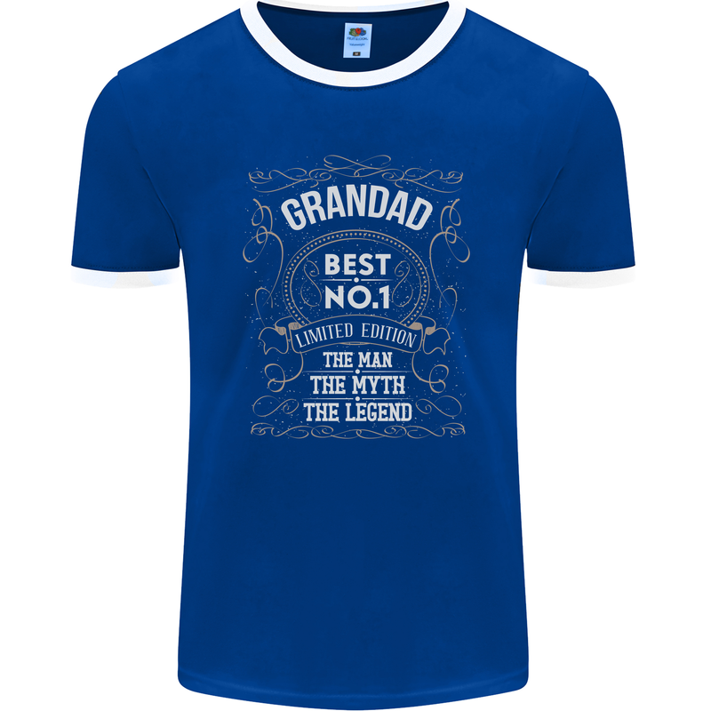 Father's Day No 1 Grandad Man Myth Legend Mens Ringer T-Shirt FotL Royal Blue/White