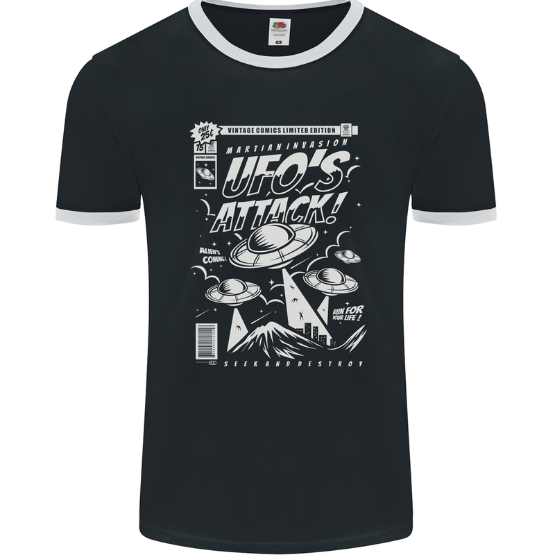 UFO's Attack! Aliens Out of Space Mens Ringer T-Shirt FotL Black/White