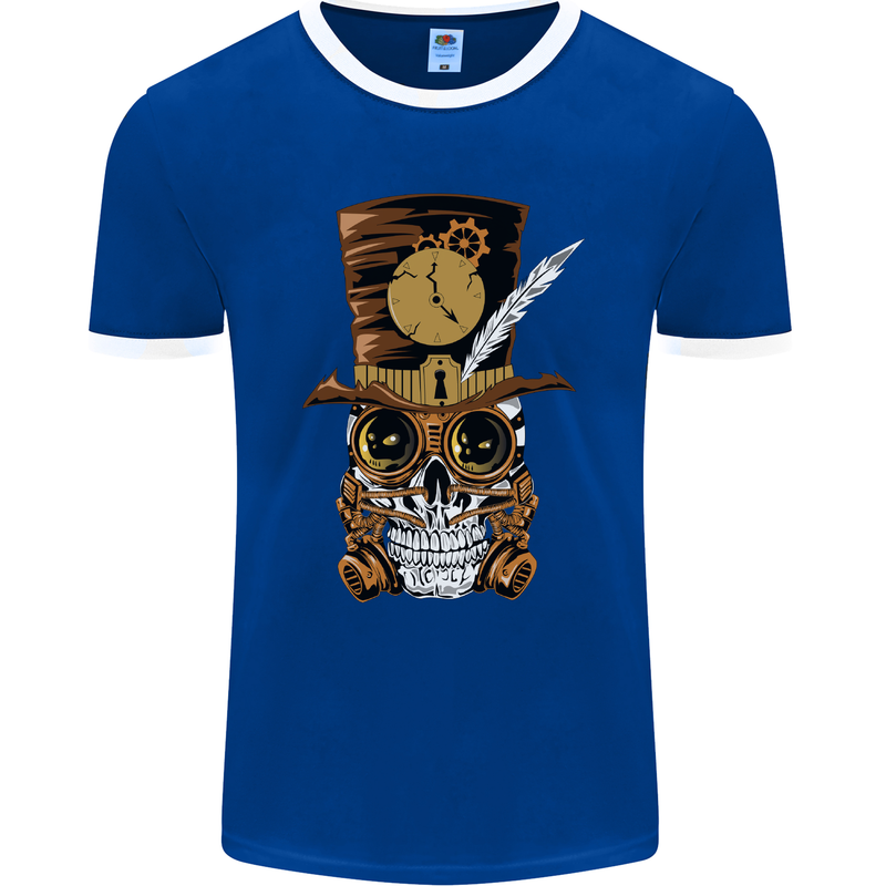 Steampunk Skull Mens Ringer T-Shirt FotL Royal Blue/White