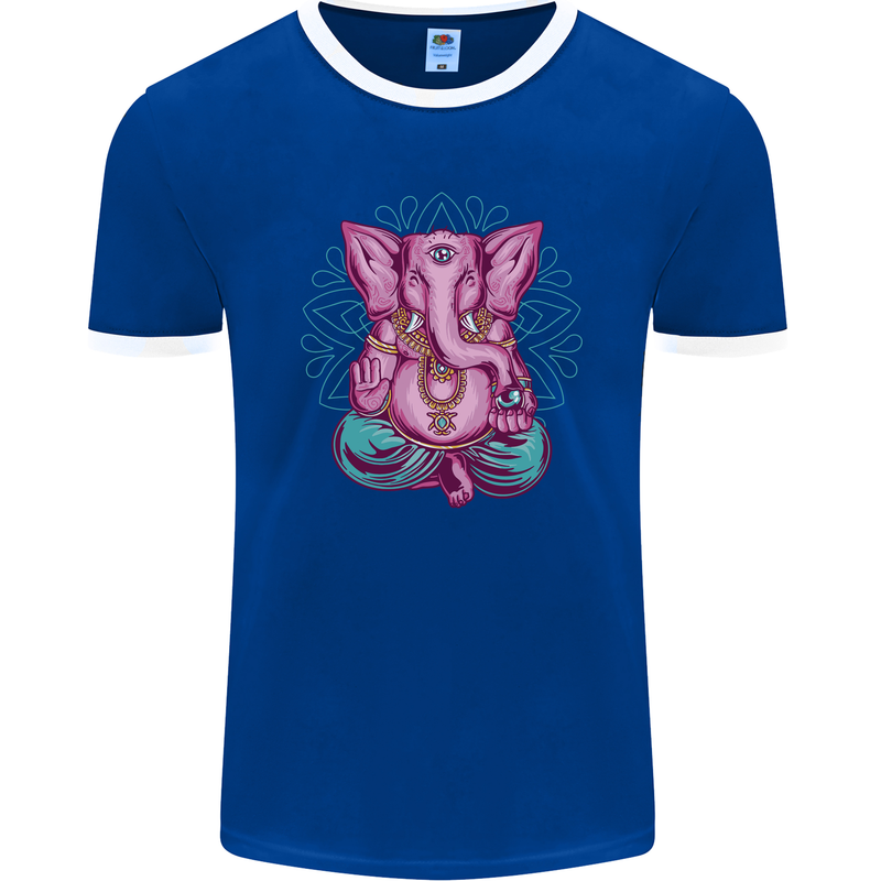 A Meditating Elephant Yoga Spiritual Mens Ringer T-Shirt FotL Royal Blue/White