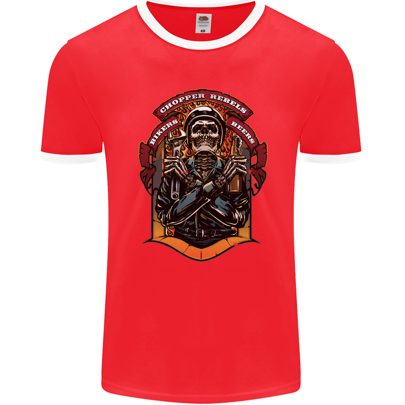 Motorbike Chopper Rebels Bikers Beers Mens Ringer T-Shirt FotL Red/White