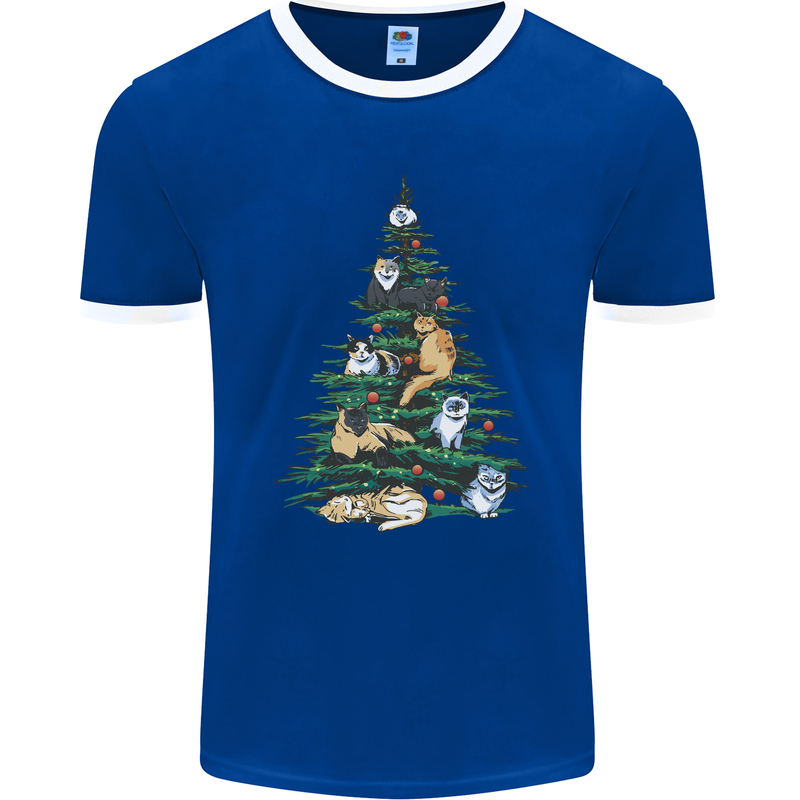 Cat Christmas Tree Mens Ringer T-Shirt FotL Royal Blue/White