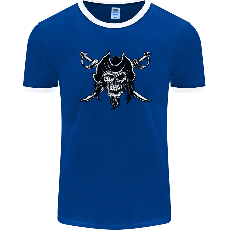 Pirate & Swords Skull Captain Jolly Roger Mens Ringer T-Shirt FotL Royal Blue/White