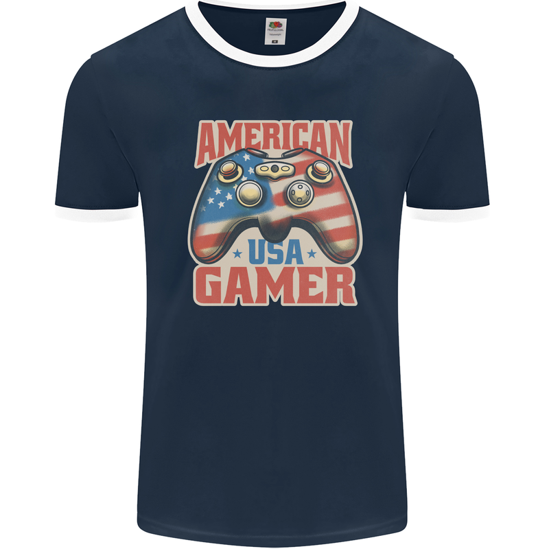 American USA Gamer Video Games Joypad Mens Ringer T-Shirt FotL Navy Blue/White