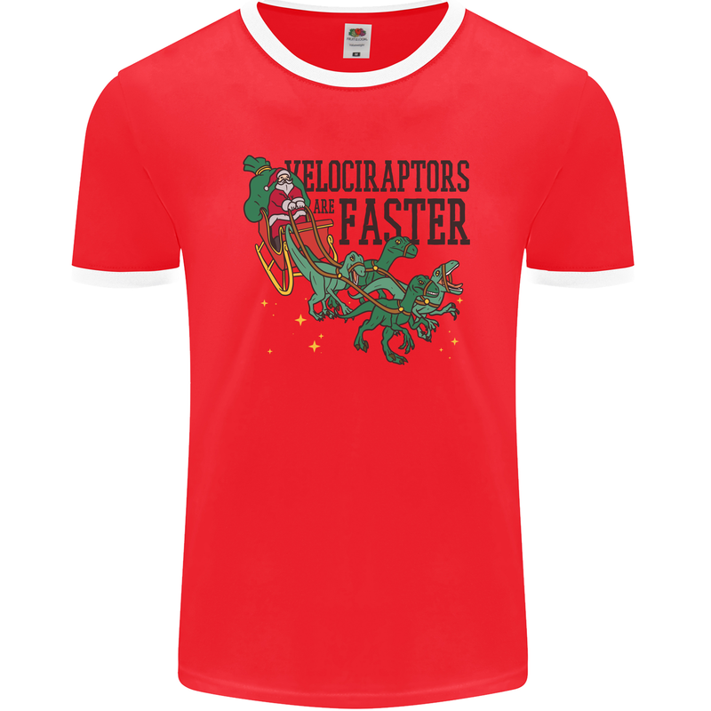 Christmas Velociraptors are Faster Dinosaur Mens Ringer T-Shirt FotL Red/White