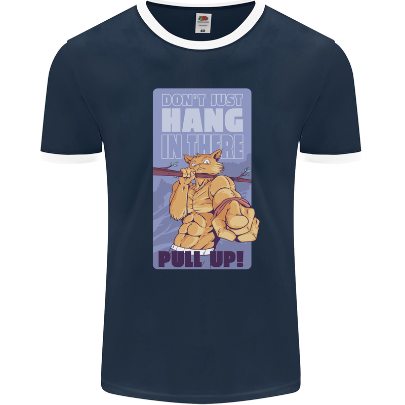 Pull Up Funny Cat Gym Training Mens Ringer T-Shirt FotL Navy Blue/White