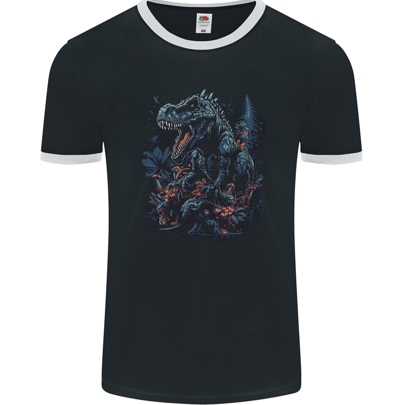 A T-Rex Dinosaur in a Prehistoric Forest Mens Ringer T-Shirt FotL Black/White