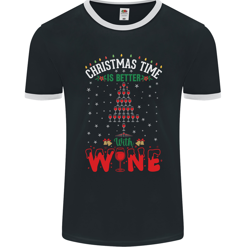 Christmas Better With Wine Funny Alcohol Mens Ringer T-Shirt FotL Black/White