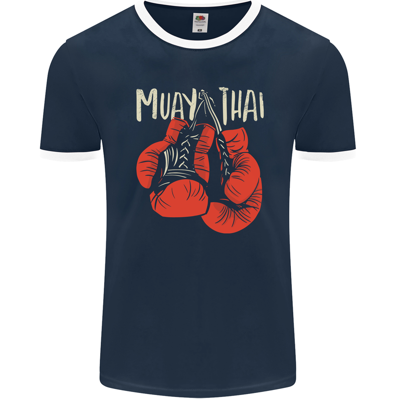 Muay Thai Boxing Gloves MMA Mens Ringer T-Shirt FotL Navy Blue/White