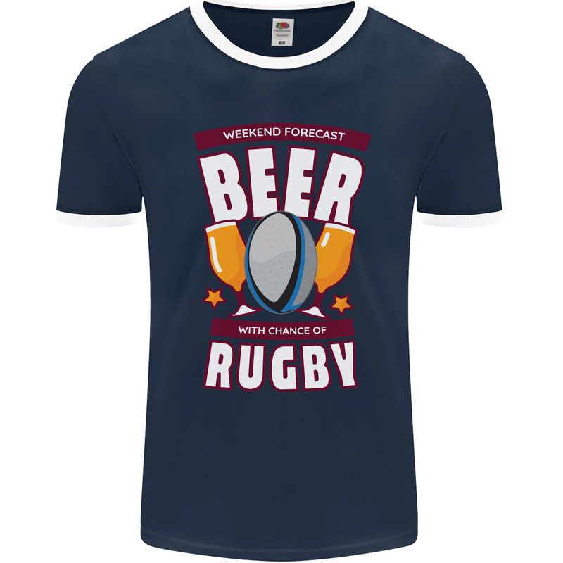 Weekend Forecast Beer Alcohol Rugby Funny Mens Ringer T-Shirt FotL Navy Blue/White