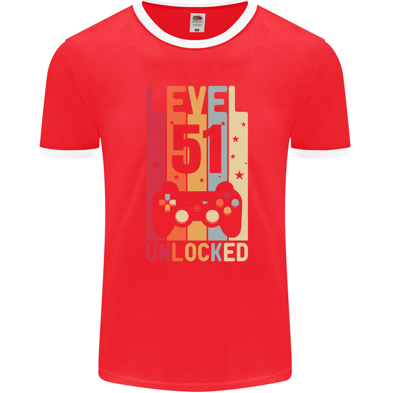 51st Birthday 51 Year Old Level Up Gamming Mens Ringer T-Shirt FotL Red/White