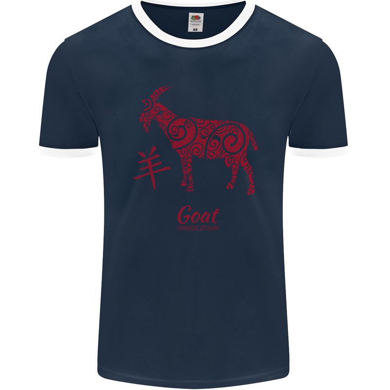 Chinese Zodiac Shengxiao Year of the Goat Mens Ringer T-Shirt FotL Navy Blue/White