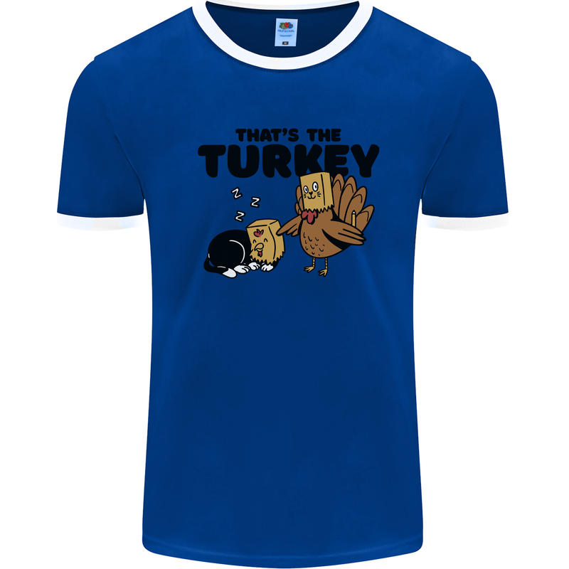 Thanks Giving Christmas Turkey Cat Mens Ringer T-Shirt Royal Blue/White