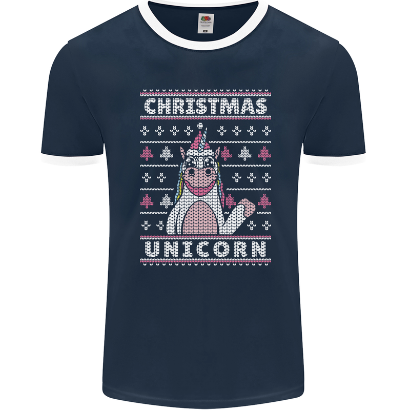 Funny Christmas Unicorn Pattern Mens Ringer T-Shirt FotL Navy Blue/White