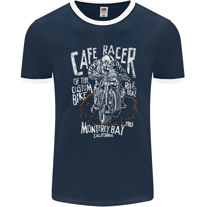 Cafe Racer Skull Motorcycle Biker Motorbike Mens Ringer T-Shirt FotL Navy Blue/White