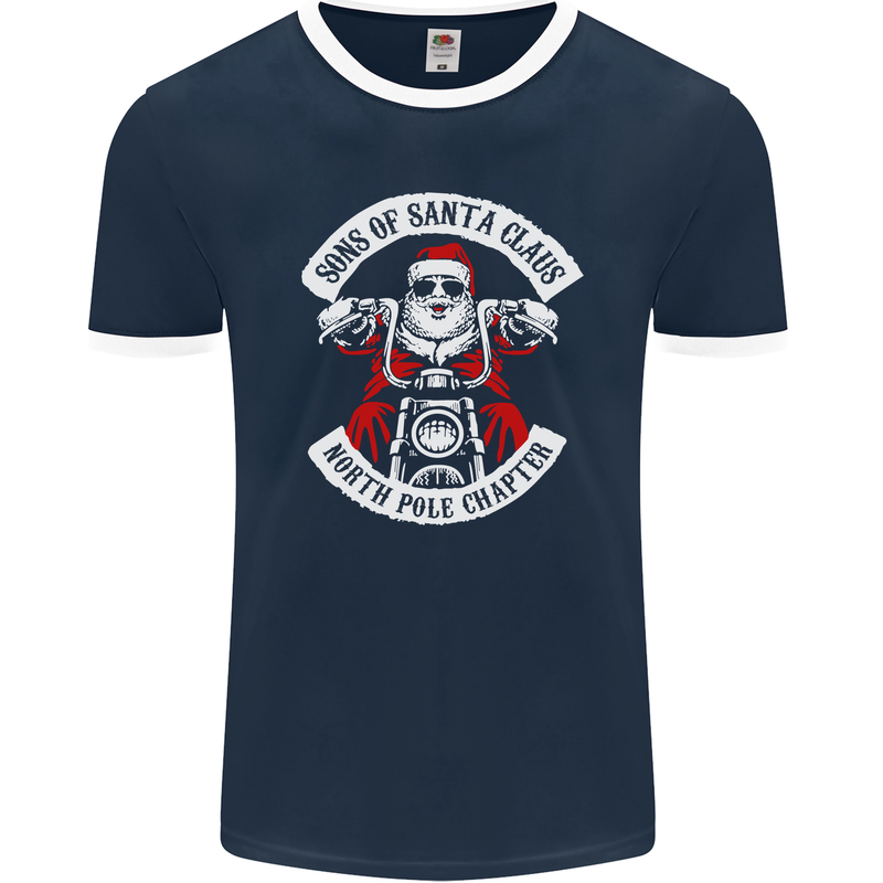 Sons of Santa Biker Motorcycle Christmas Mens Ringer T-Shirt FotL Navy Blue/White