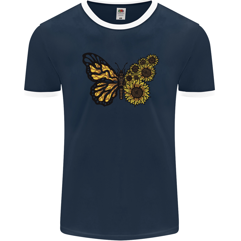 A Sunflower Butterfly Mens Ringer T-Shirt FotL Navy Blue/White