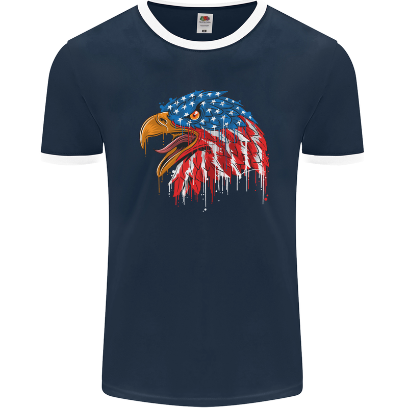 American Eagle USA Flag July 4th Mens Ringer T-Shirt FotL Navy Blue/White