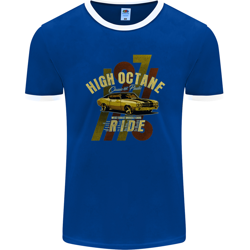 High Octane Ride 1971 Muscle Car Mens Ringer T-Shirt FotL Royal Blue/White