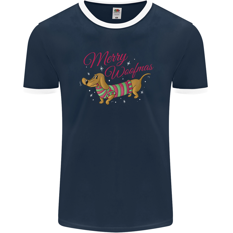 Merry Wiener Funny Christmas Dog Mens Ringer T-Shirt FotL Navy Blue/White